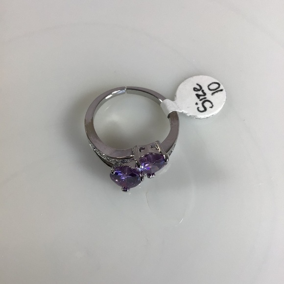 Purple Amethyst Double Hearts and Cubic Zirconia Silver Tone Adjustable Ring - Picture 2 of 4